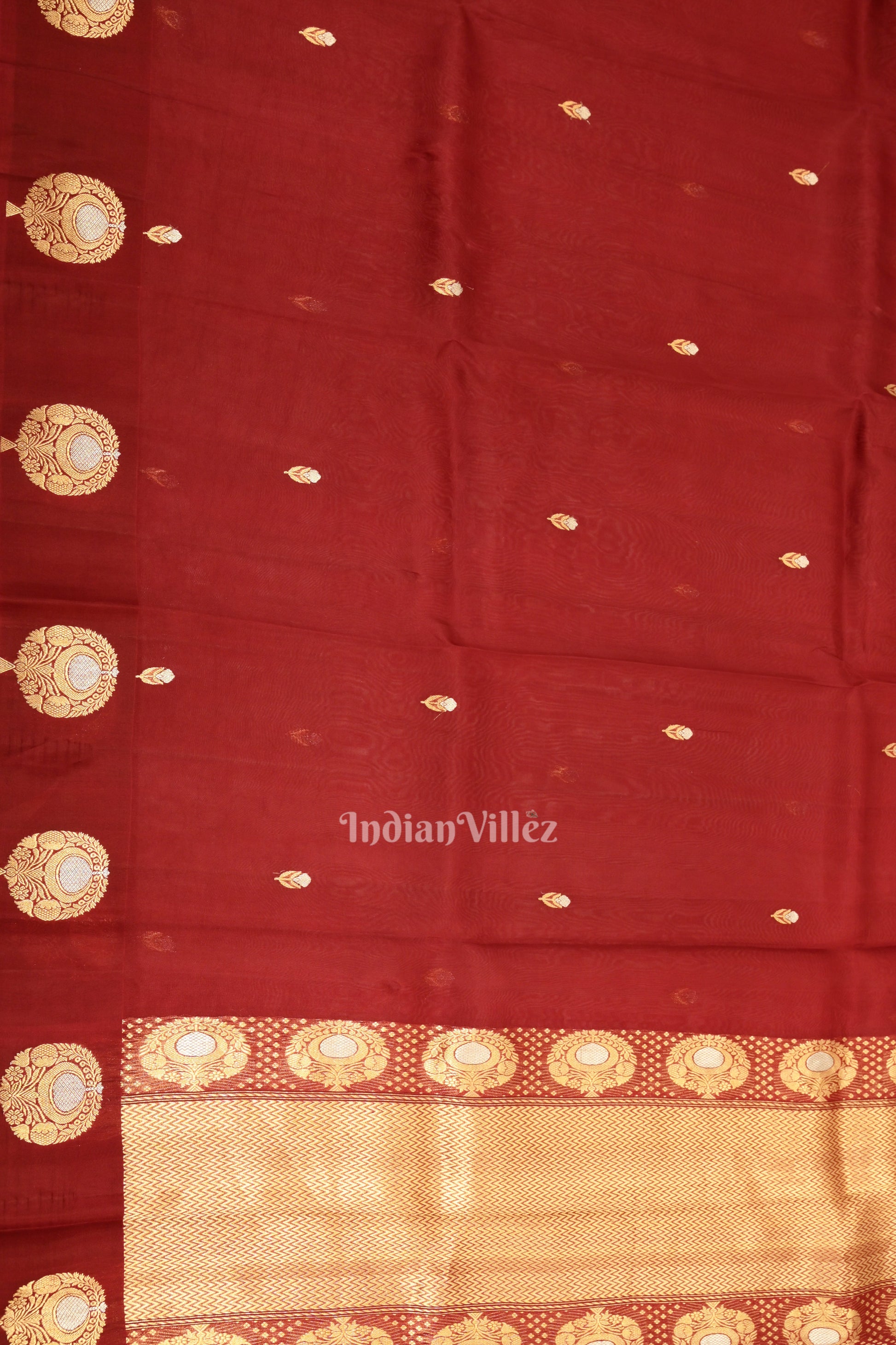 Deep Maroon Banarasi Katan Saree With Floral Handwork