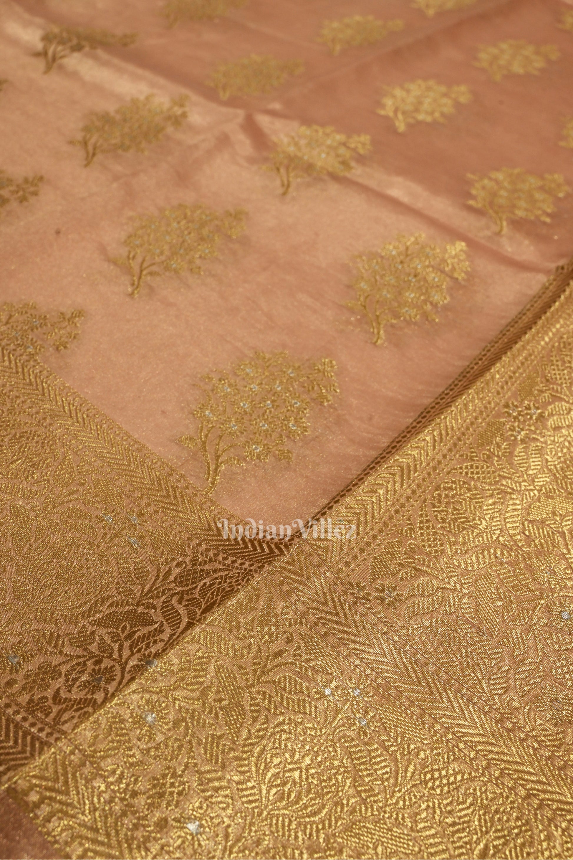 Peach Pink Zari Woven Tissue Banarasi Saree