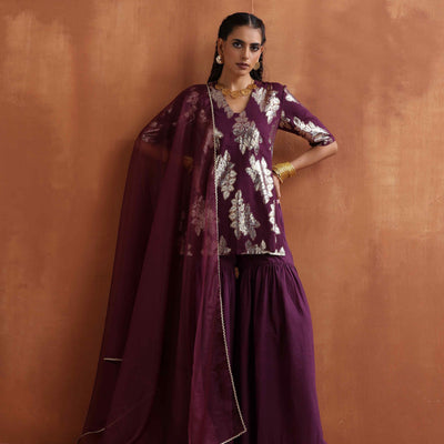 trueBrowns Purple Metallic Sharara Dupatta Set