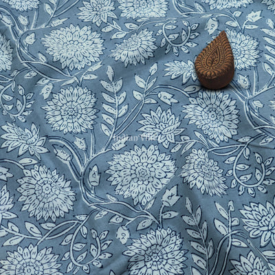 Gray Floral Hand Block Printed Cotton Fabric