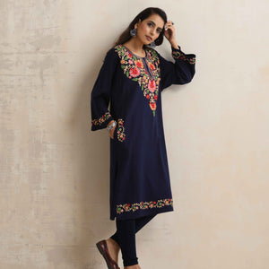 trueBrowns Blue Kashmiri Embroidered Woollen Phiran Kurta