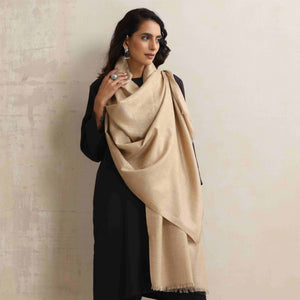 trueBrowns Beige Floral Jaal Woollen  Stole