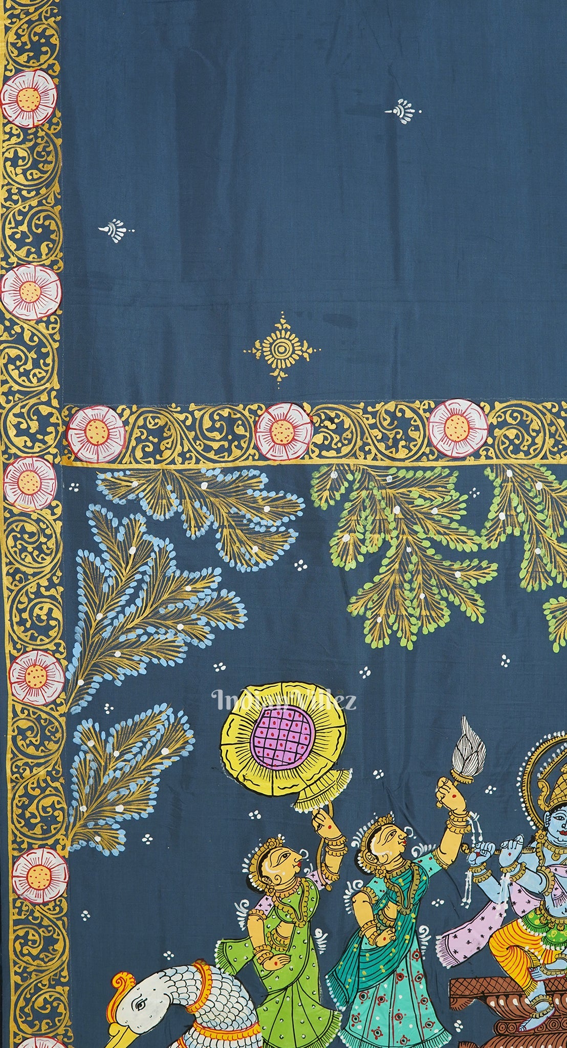 Peacock Blue Radha Krishna Boita Hand-Painted Pattachitra Saree