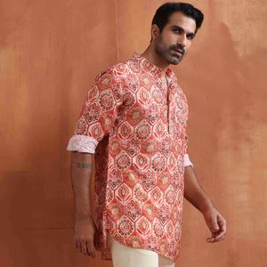 trueBrowns Men's Beige Printed Short Kurta