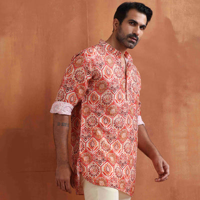 trueBrowns Men's Beige Printed Short Kurta