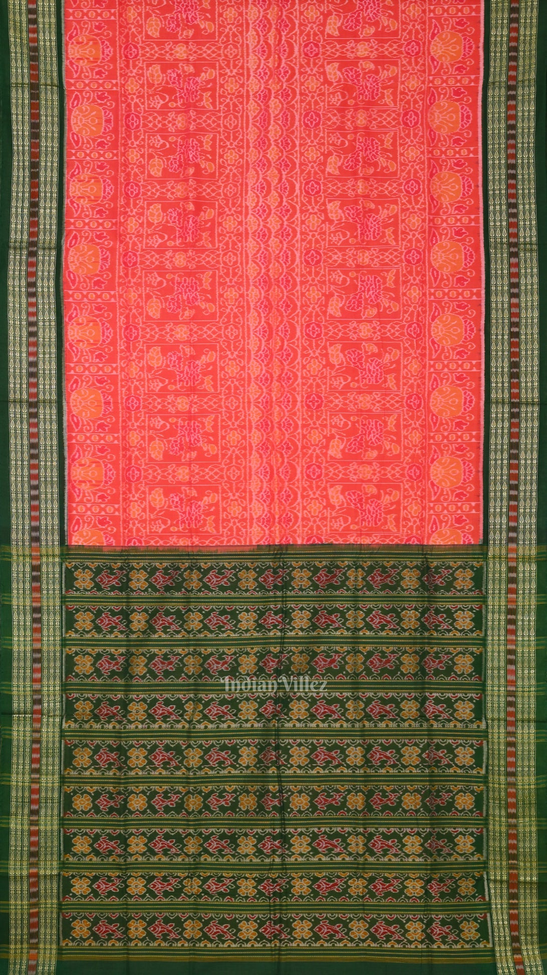 Peach Pink with Green Sambalpuri Cotton saree