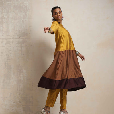 trueBrowns Gold Brown Silk A-line Kurta Set