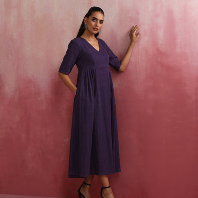 trueBrowns Purple Cotton Dobby Dress