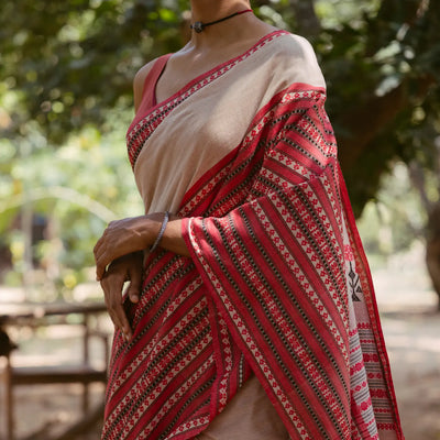 Beige Handloom Bengal Cotton Saree With Contrast Border