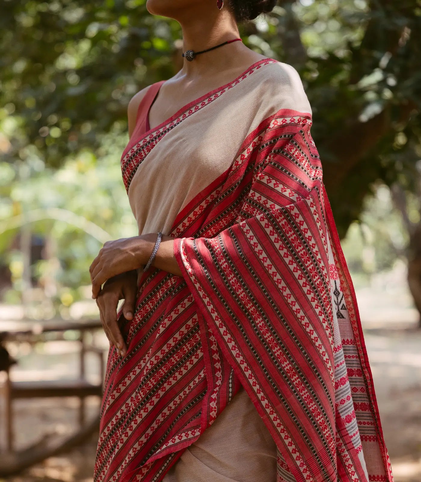 Beige Handloom Bengal Cotton Saree With Contrast Border