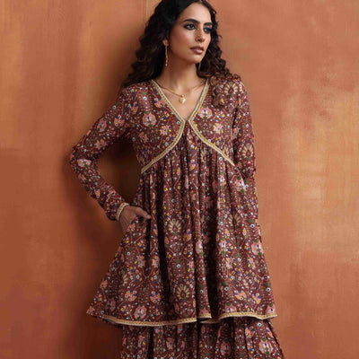 trueBrowns Brown Print Sharara Set