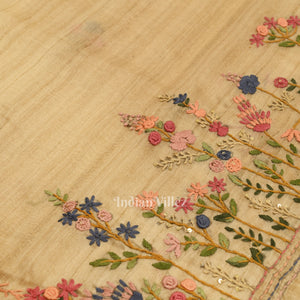 Off White Multi Color Flower Tussar Banarasi Silk Saree
