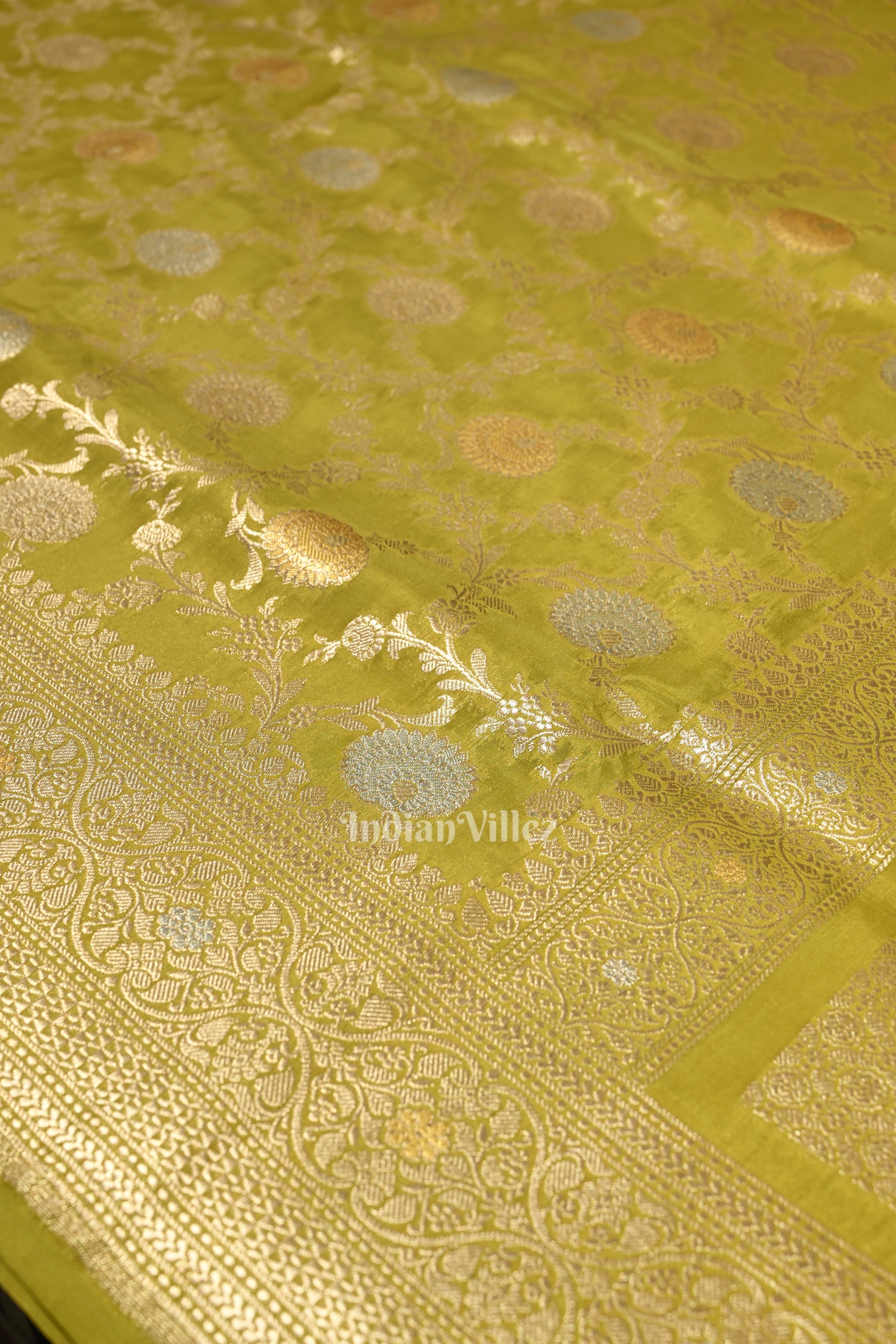 Mehendi Green Meenakari Pure Mashru Satin Silk Banarasi Saree