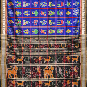 Blue Nabakothi  Odisha Ikat Khandua Silk Saree with Jungle Theme Pallu
