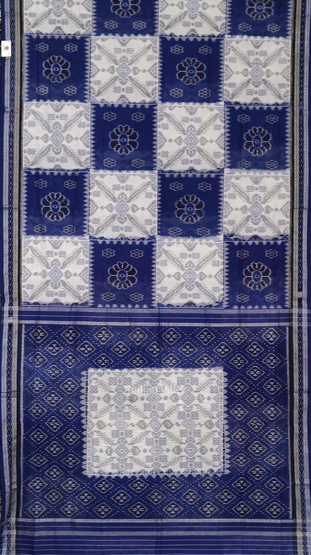 White Blue Pasapali Odisha Ikat Sambalpuri Cotton Saree