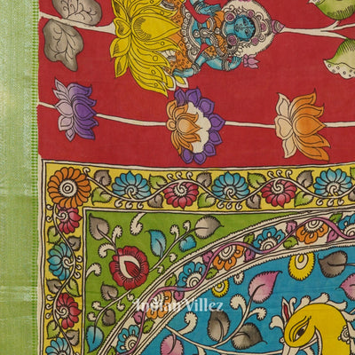Red With Peacock Anchal Hand-Painted Natural Dye Cotton Kalamkari Saree