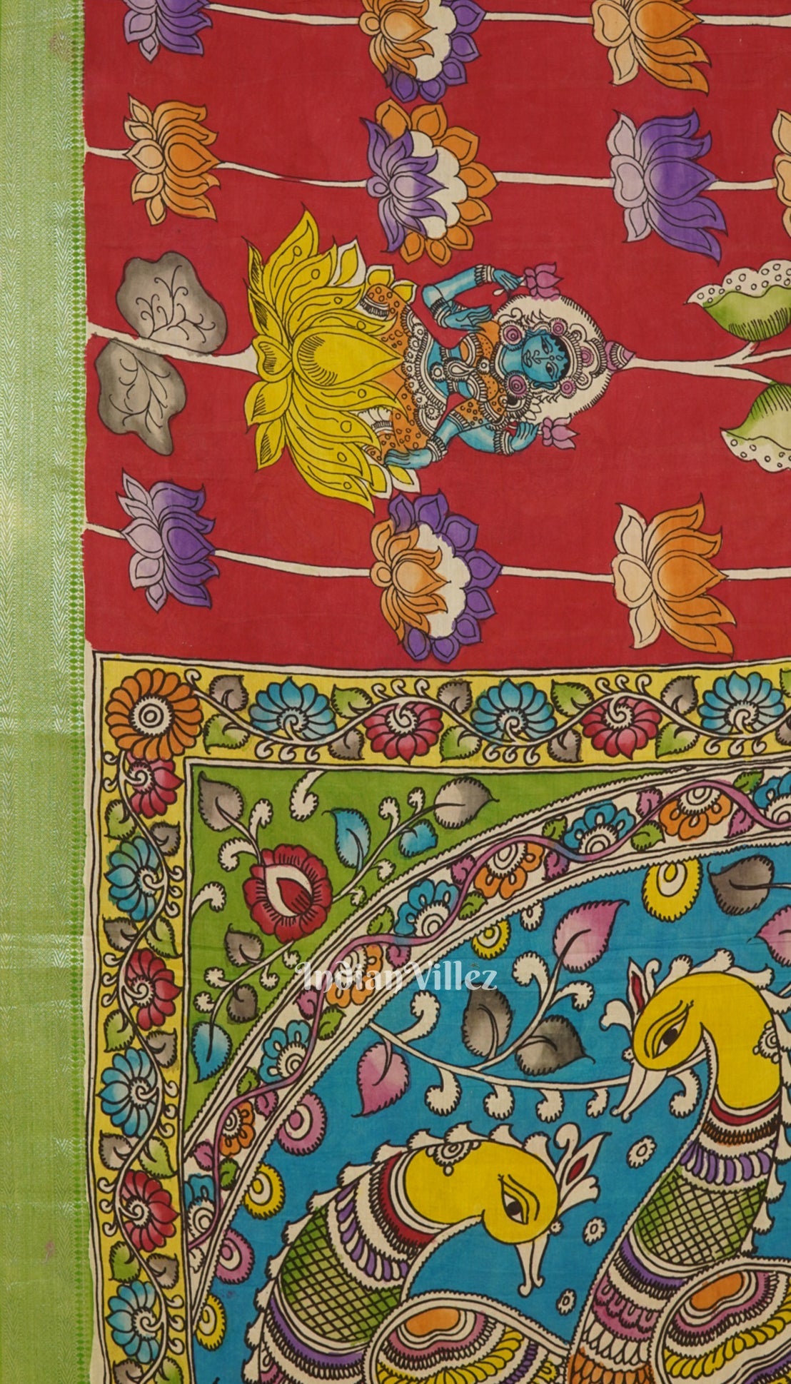 Red With Peacock Anchal Hand-Painted Natural Dye Cotton Kalamkari Saree