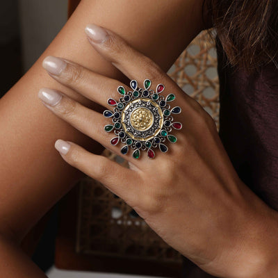 trueBrowns Silver Gold Tone Mandala Ring