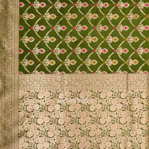 Mehendi Green Meenakari Pure Mashru Satin Silk Banarasi Saree