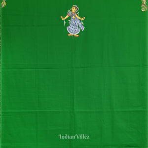 Green Ardha Chandra Krishna Rasa Leela Theme Pattachitra Kurti Dress Material (Pre Order)