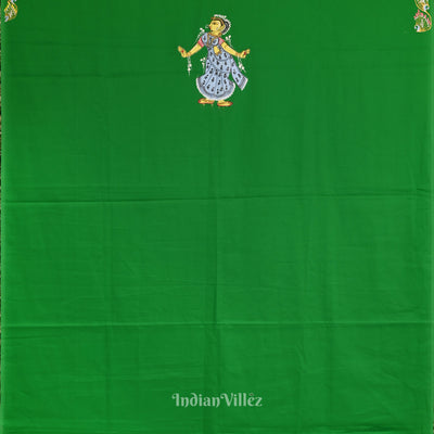 Green Ardha Chandra Krishna Rasa Leela Theme Pattachitra Kurti Dress Material (Pre Order)
