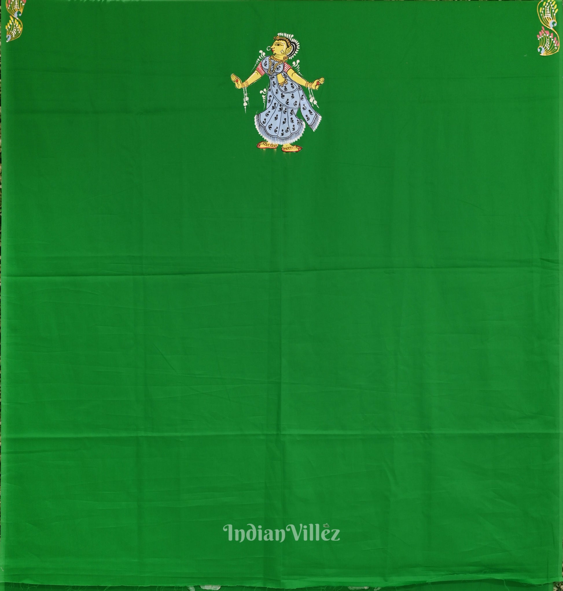Green Ardha Chandra Krishna Rasa Leela Theme Pattachitra Kurti Dress Material (Pre Order)