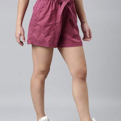 Women Solid Plum High Rise Linen Shorts