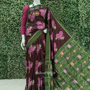 Coffee with Sea Green Floral Theme Odisha Ikat Contemporary Silk Saree
