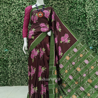 Coffee with Sea Green Floral Theme Odisha Ikat Contemporary Silk Saree
