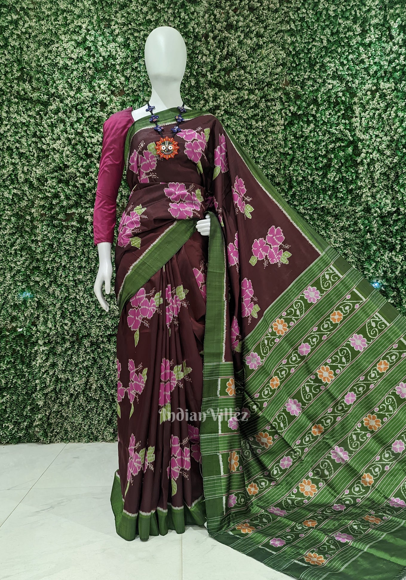 Coffee with Sea Green Floral Theme Odisha Ikat Contemporary Silk Saree