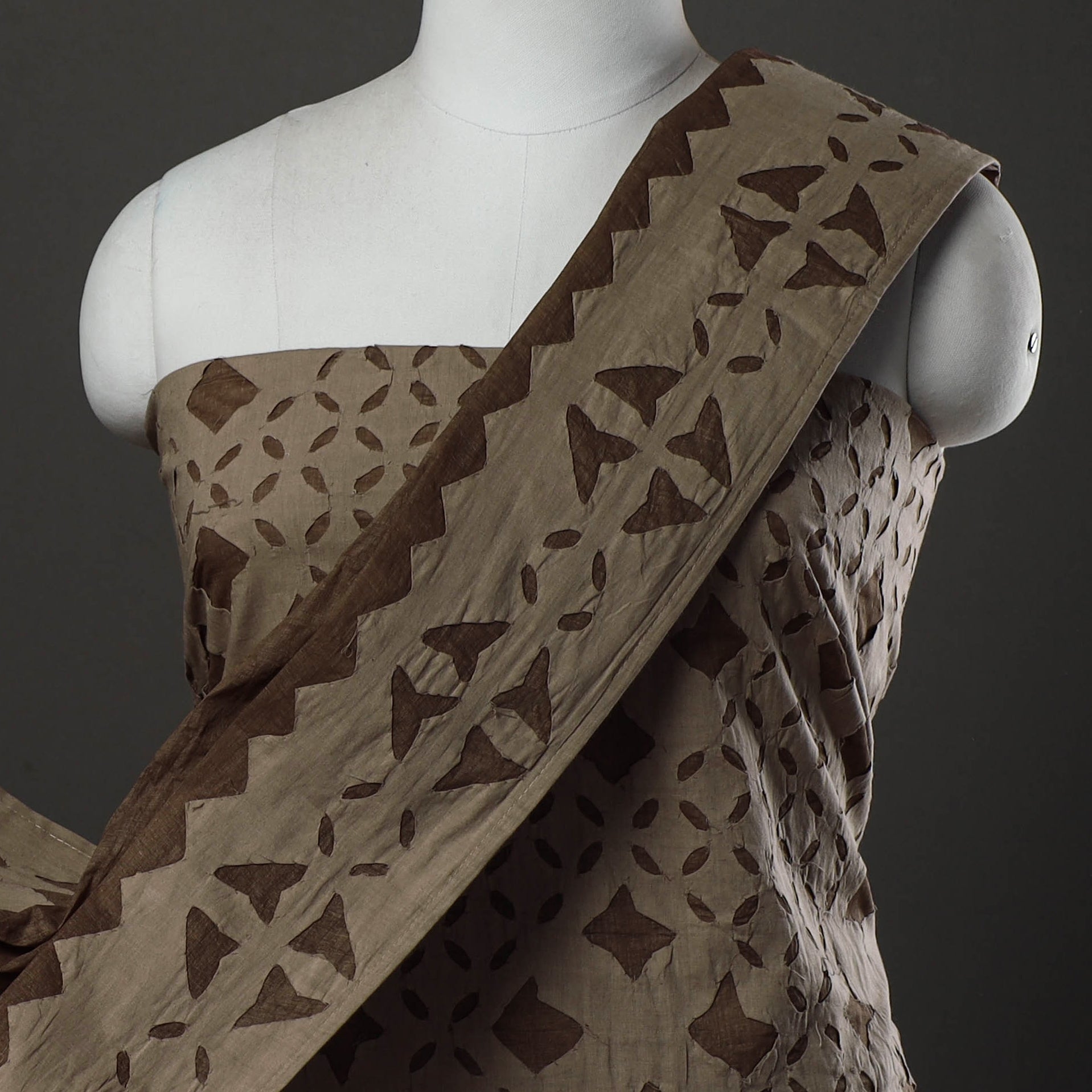 Brown - 3pc Cut Work Cotton Barmer Applique Dress Material 11
