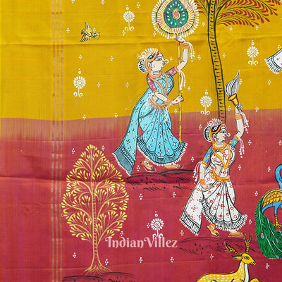Golden Yellow Radha Krishna Village Theme Pattachitra Saree