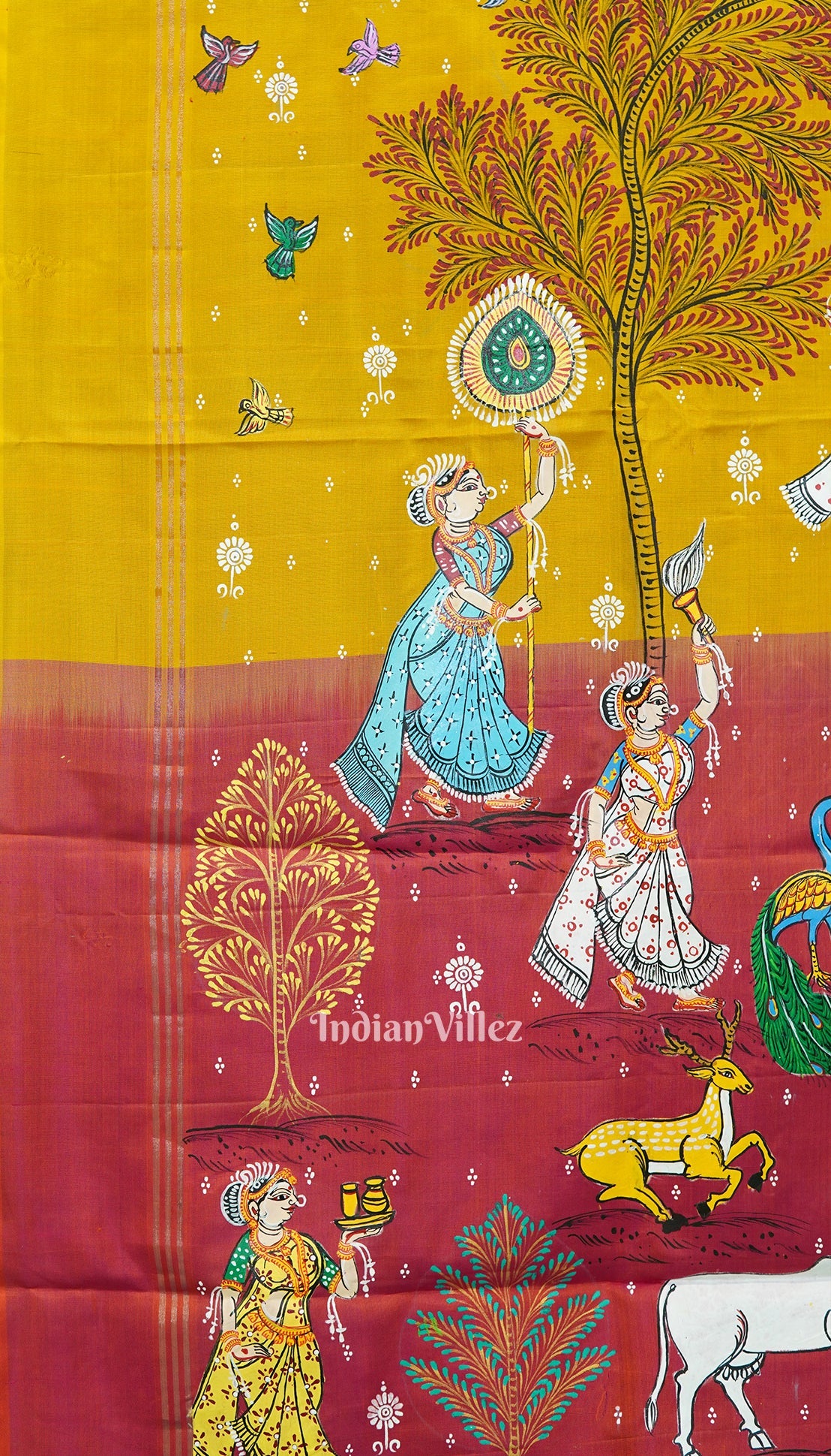 Golden Yellow Radha Krishna Village Theme Pattachitra Saree