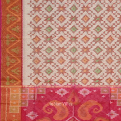 White pink Pochampally Ikat Sico (Silk & Cotton) Saree with Zari Border