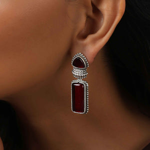 trueBrowns Silver tone Red Stone Drop Earrings