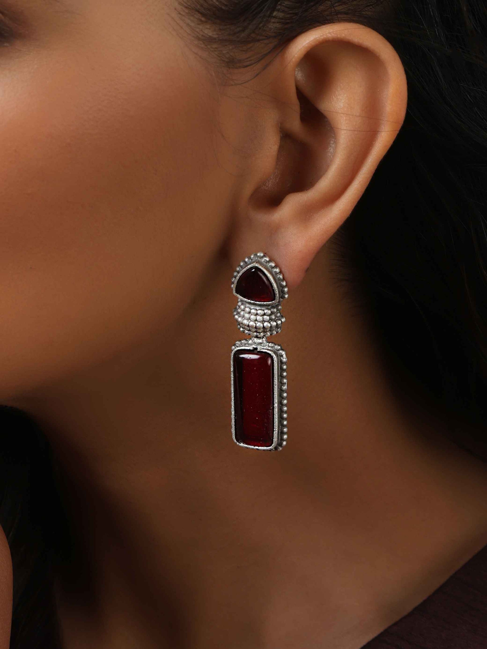 trueBrowns Silver tone Red Stone Drop Earrings