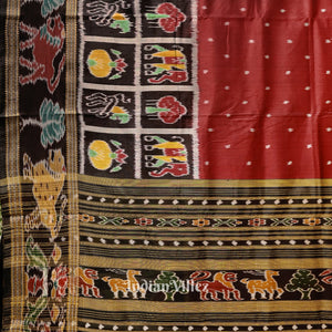 Red Black Nabakothi Odisha Ikat Khandua Silk Saree With Animal Theme