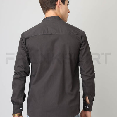 Frankshirt Chinese Collar Black Solid Tailored Fit Cotton Casual Shirt for Man
