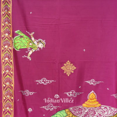 Maroon Ardha Chandra Krishna Rasa Leela Hand-Painted Pattachitra Saree