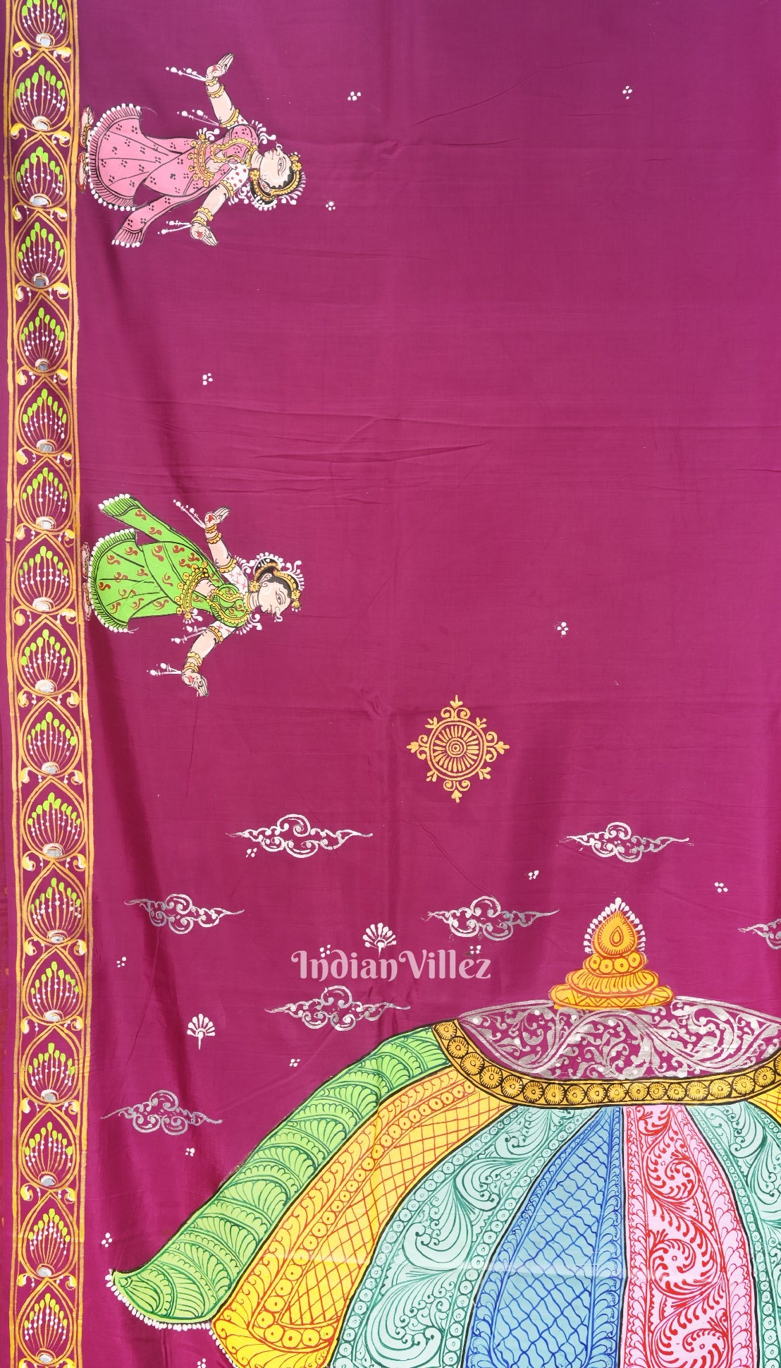 Maroon Ardha Chandra Krishna Rasa Leela Hand-Painted Pattachitra Saree