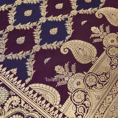 Purple Navy Blue Rangkat Mashru Satin Silk Banarasi Saree