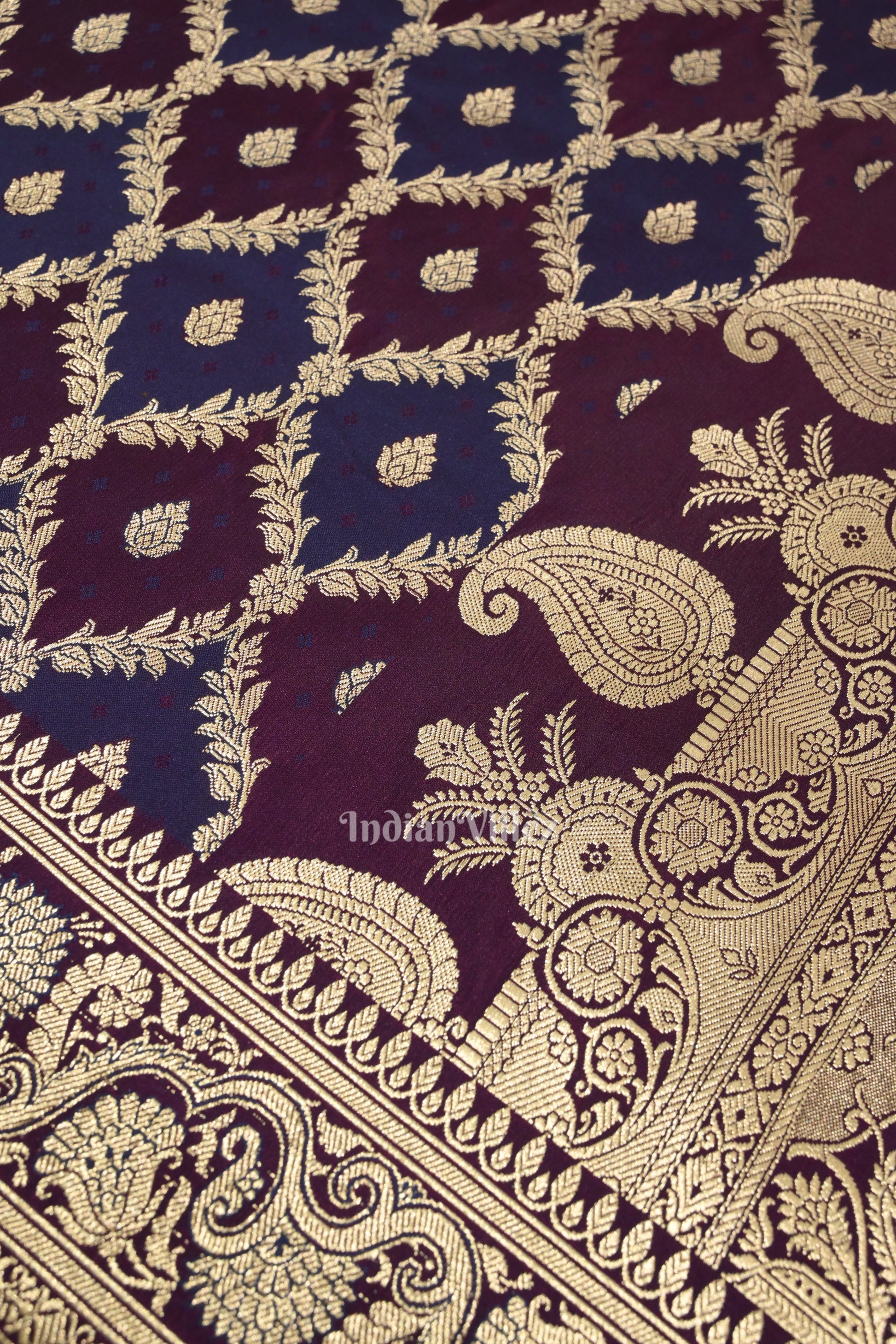 Purple Navy Blue Rangkat Mashru Satin Silk Banarasi Saree