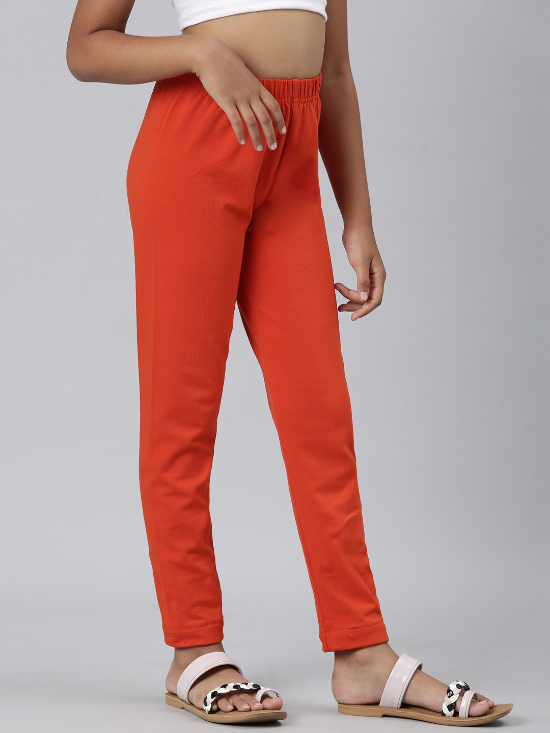 Girls Solid Orange Ankle Length Leggings