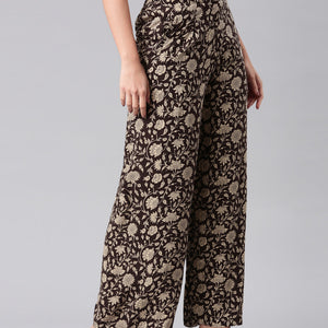Women Black Woven Viscose Mid Rise Printed Palazzo