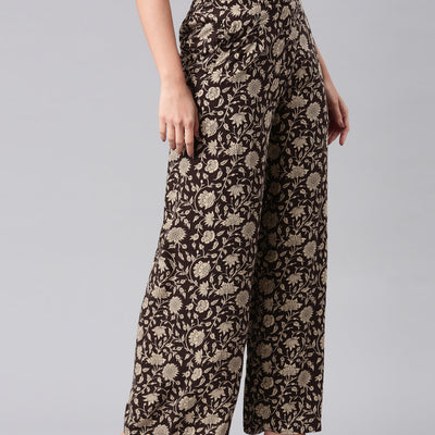 Women Black Woven Viscose Mid Rise Printed Palazzo