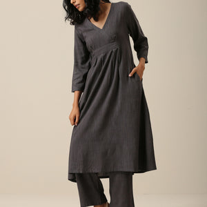 Slate Grey Slub Texture Overlap Pleat Kurta Pant Set | Relove