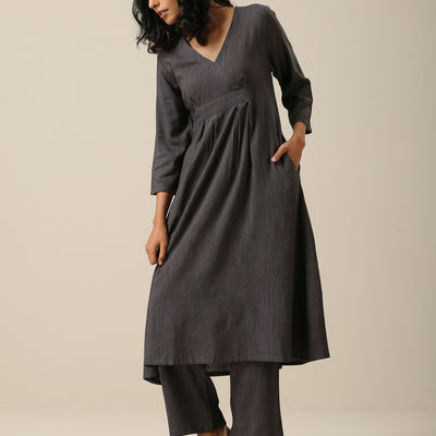 Slate Grey Slub Texture Overlap Pleat Kurta Pant Set | Relove