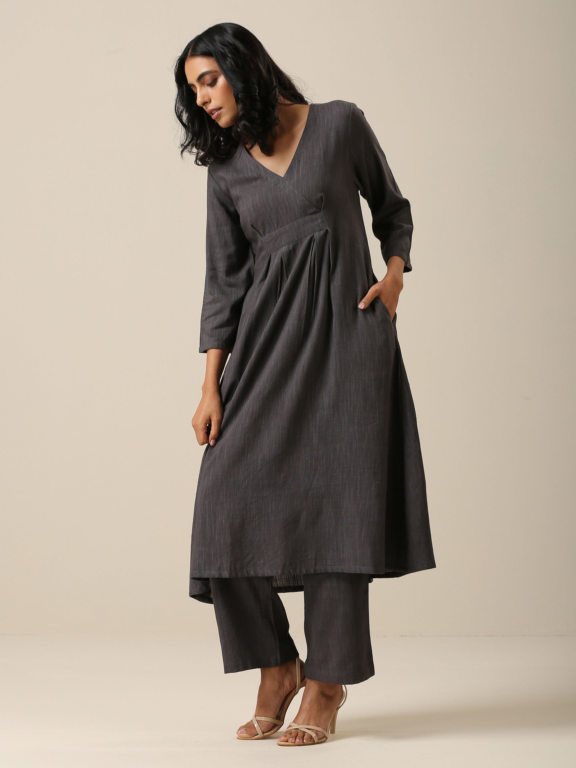 Slate Grey Slub Texture Overlap Pleat Kurta Pant Set | Relove