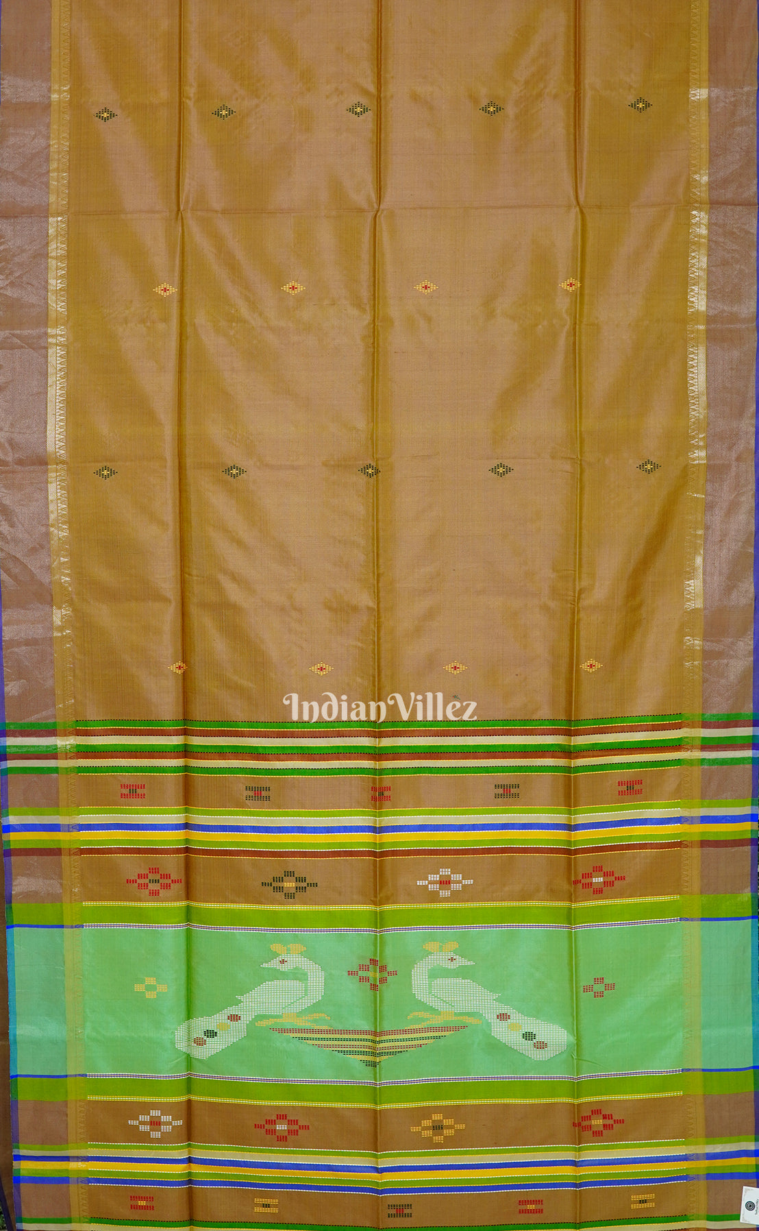 Khaki With Parrot Green Handwoven South Soft Silk Saree