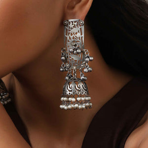 trueBrowns Silver Tone Floral Jhumka Earrings